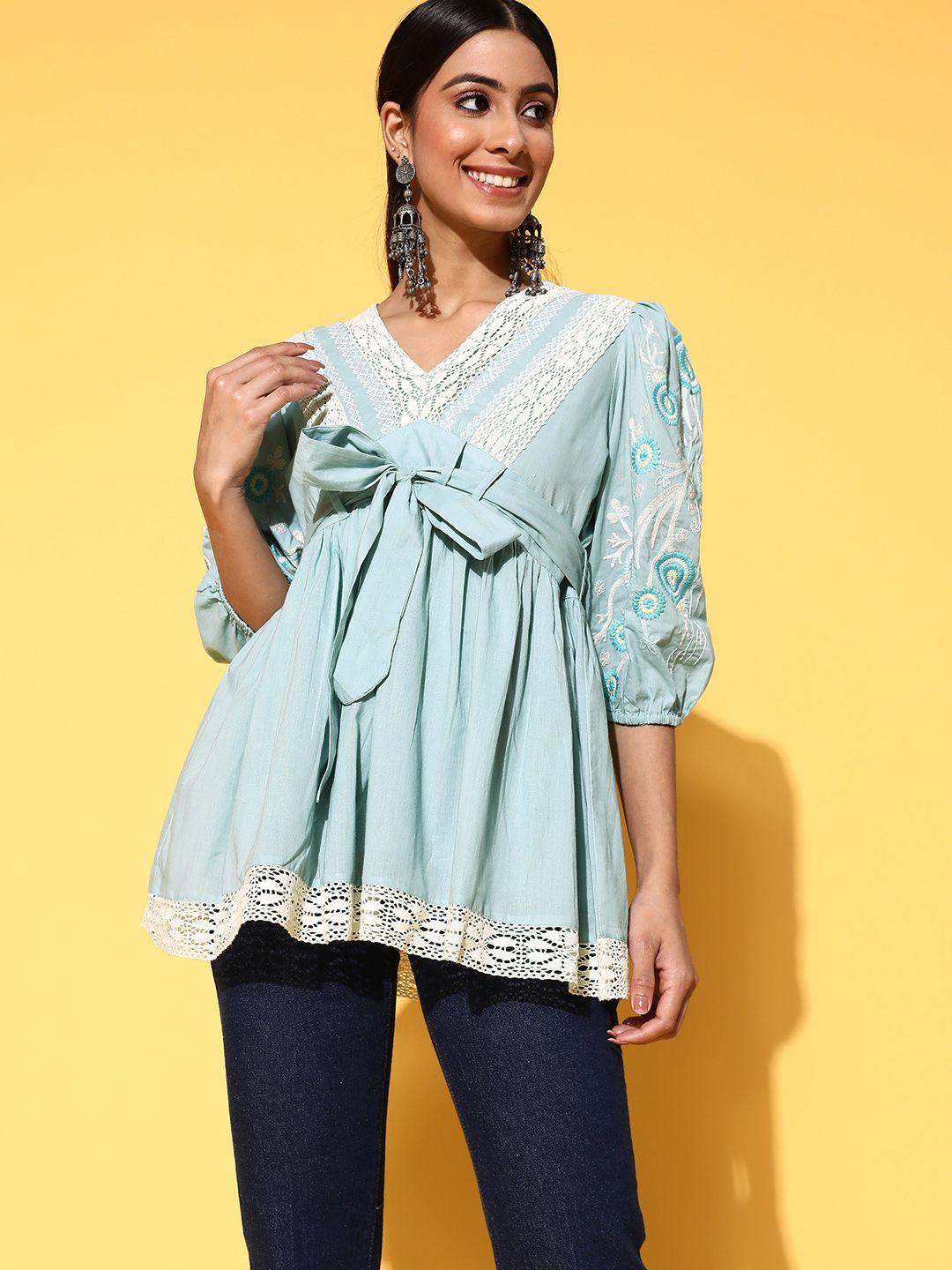 ishin  beautiful blue floral belted detail top