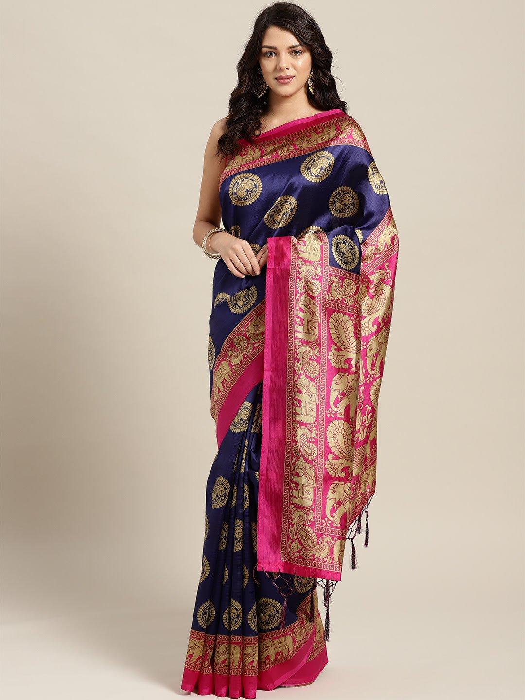 ishin-art-silk-navy-blue-&-pink-animal-print-ethnic-motifs-printed-women's-saree-including-blouse-piece