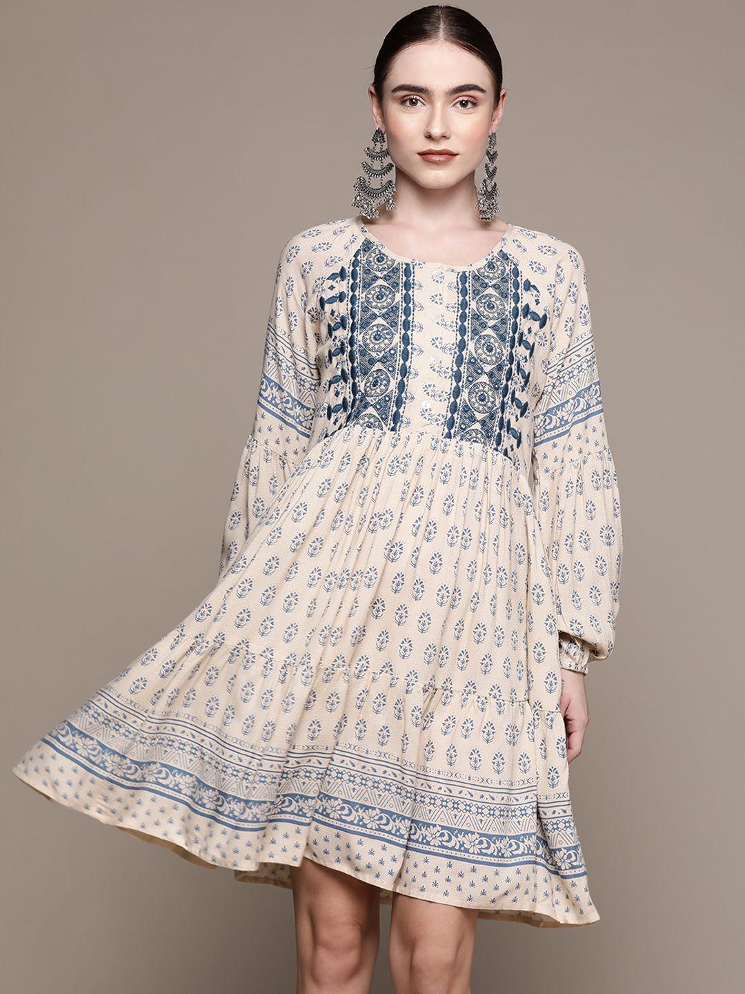 ishin beige & navy blue ethnic motifs embroidered ethnic cotton a-line dress
