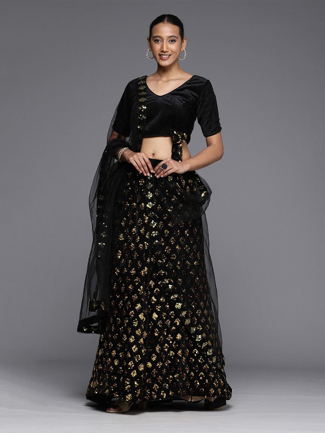 ishin black embellished sequinned semi-stitched lehenga & unstitched blouse with dupatta