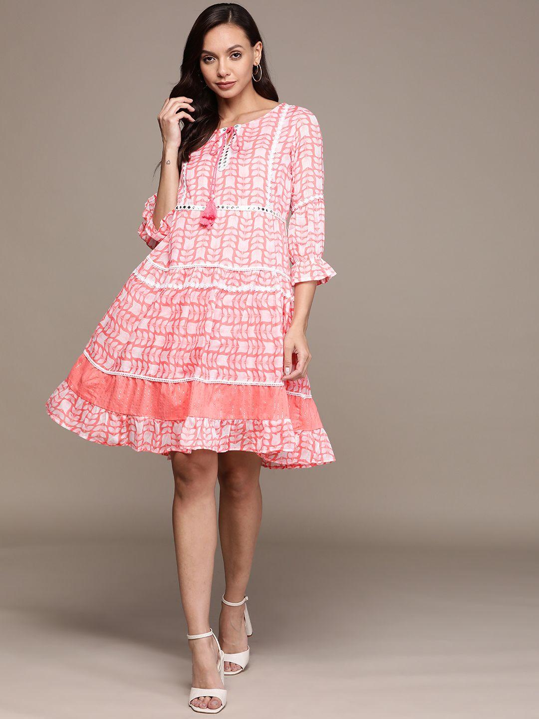 ishin coral pink & white ethnic motifs printed embellished tie-up neck cotton a-line dress
