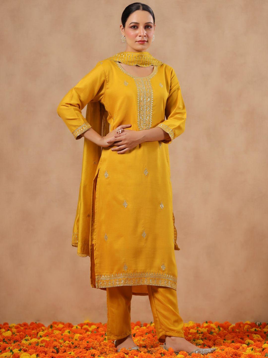 ishin ethnic motifs embroidered sequinned straight kurta & trousers with dupatta