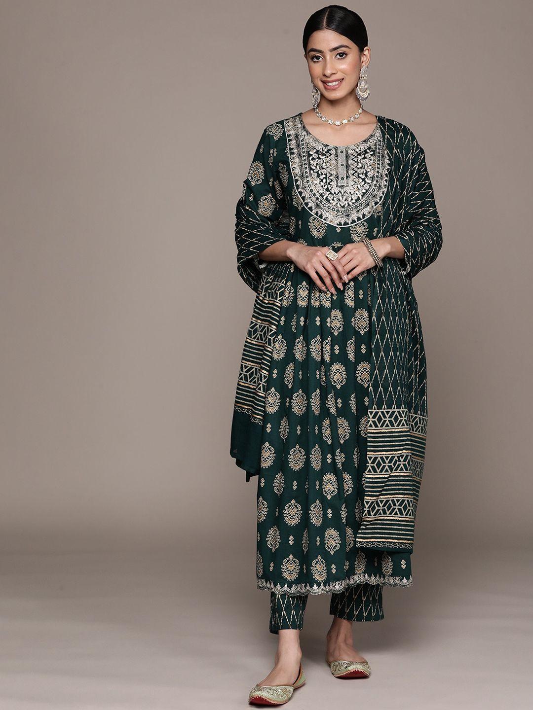 ishin ethnic motifs printed pleated zari pure cotton a-line kurta with trousers & dupatta