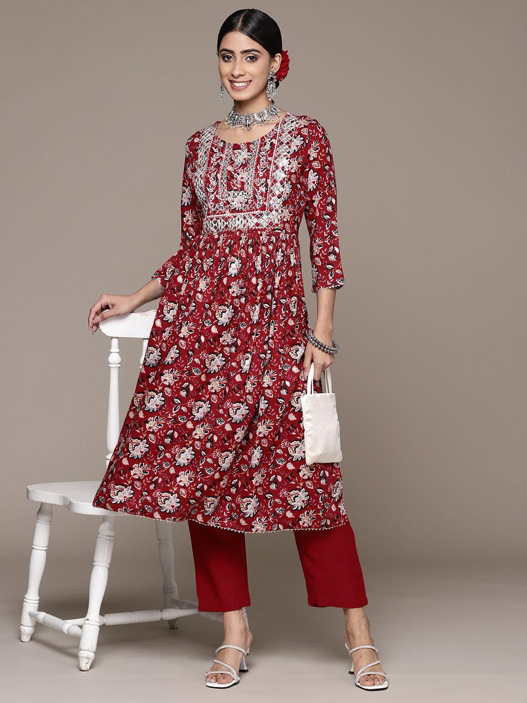 ishin floral embroidered regular mirror work kurta with trousers