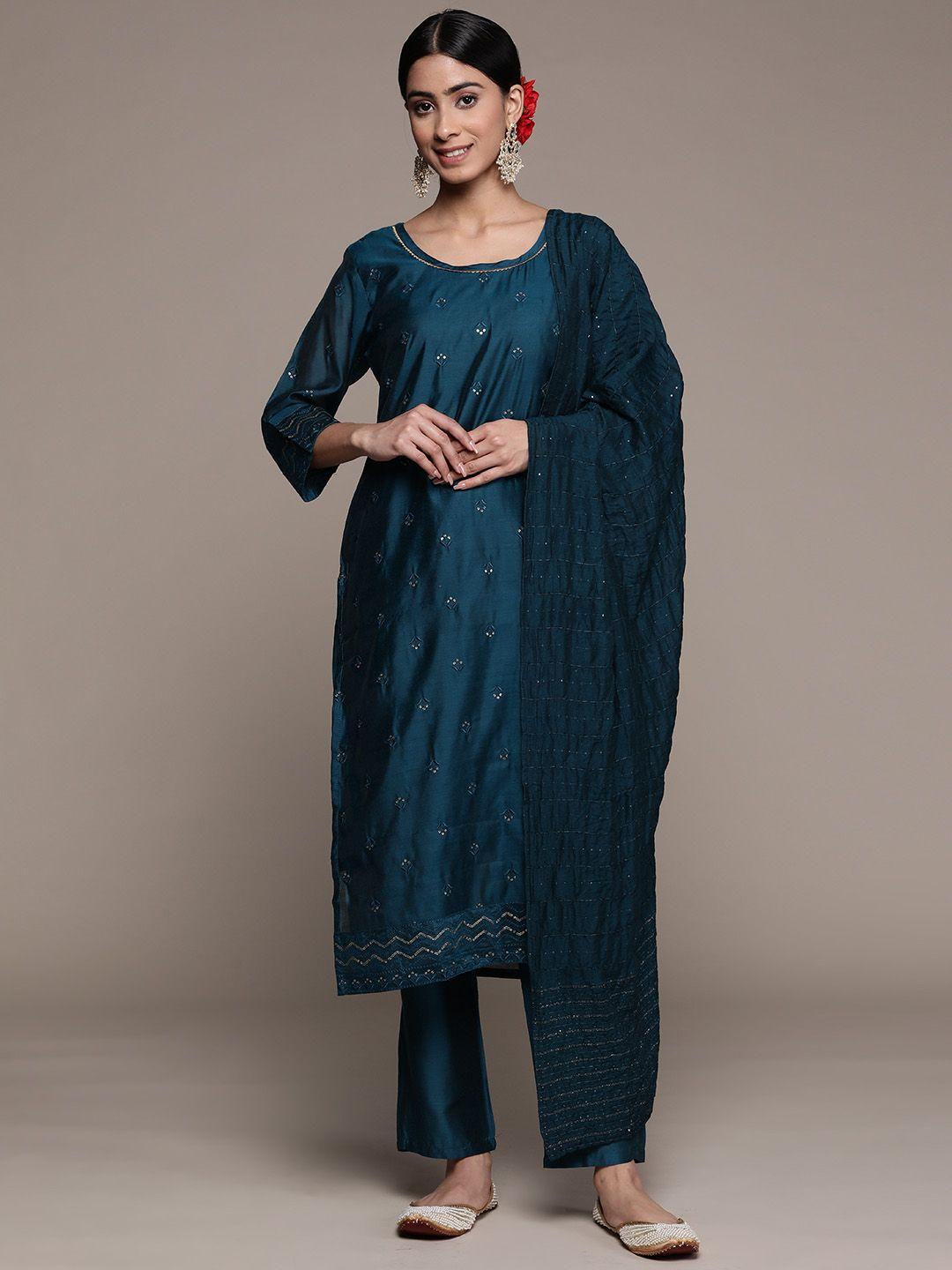 ishin floral embroidered sequinned kurta with trousers & with dupatta