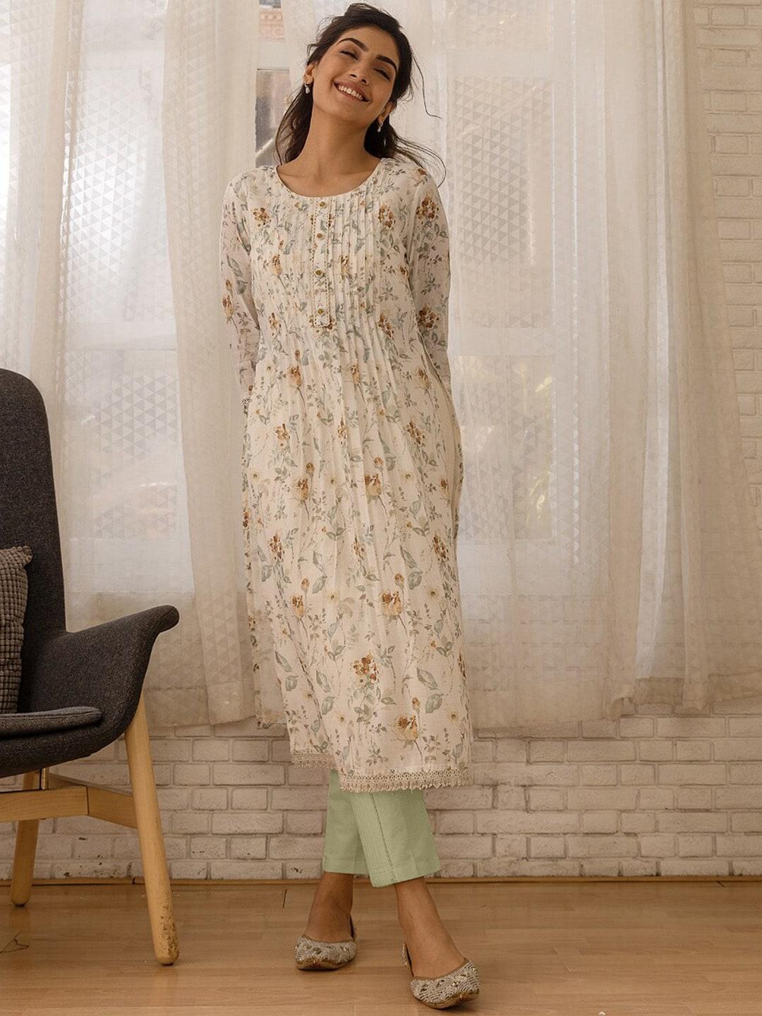 ishin floral printed beads and stones pleated linen a-line kurta with trousers & dupatta