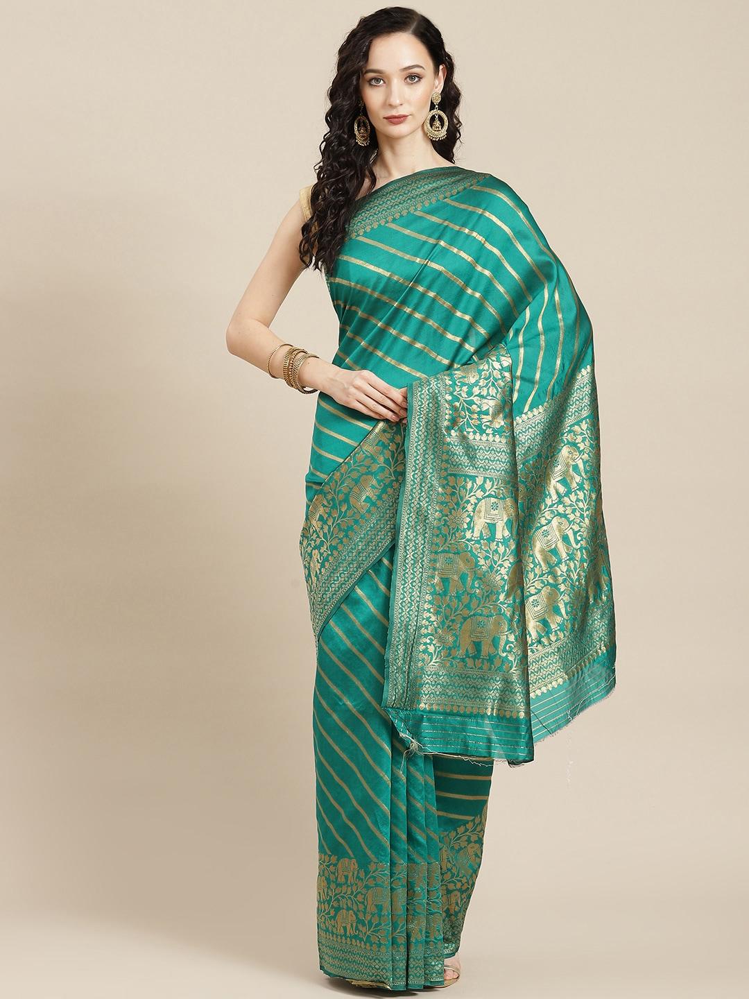 ishin green & golden ethnic motifs woven design zari art silk banarasi saree with blouse