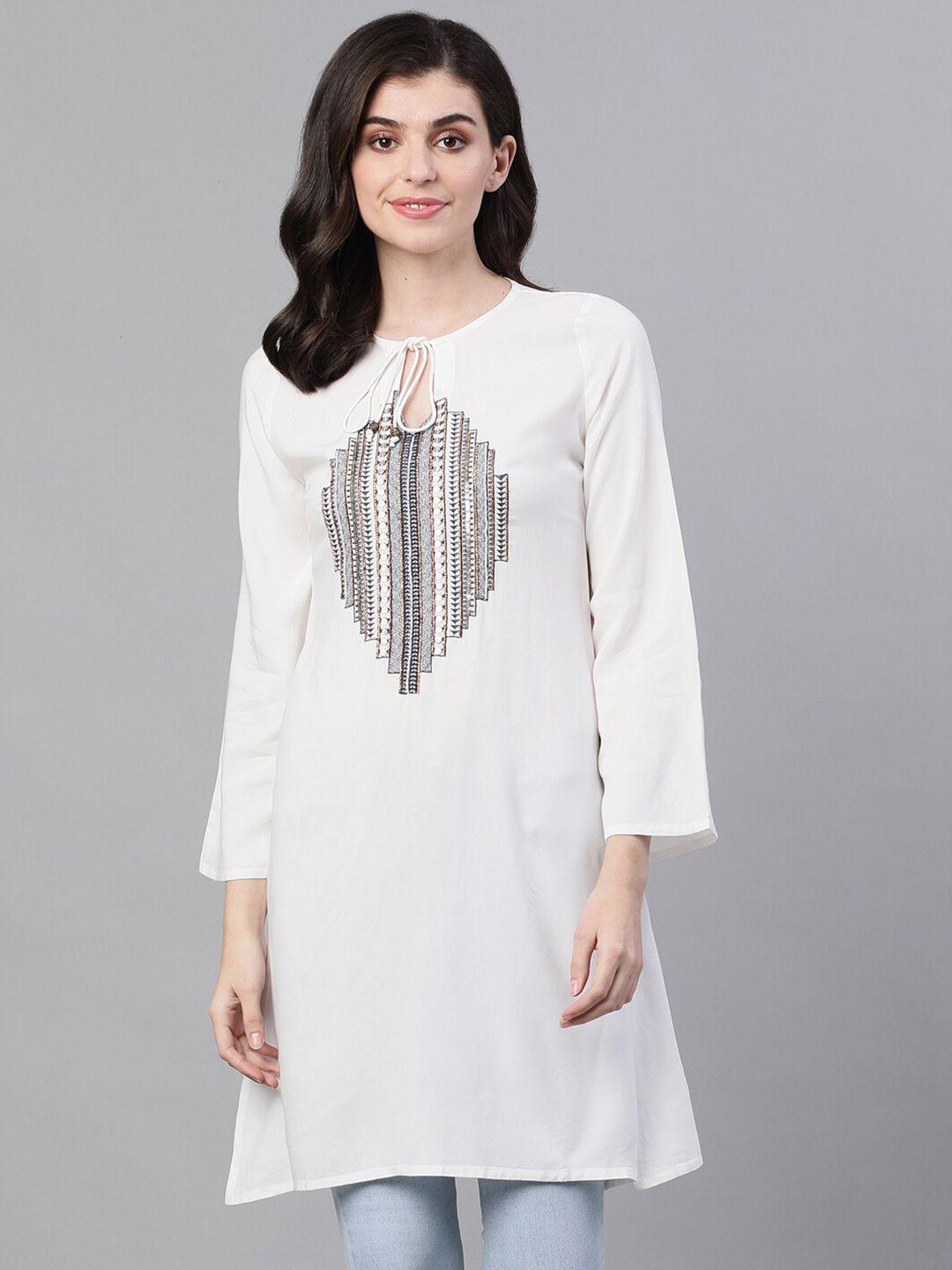 ishin off embroidered beads and stones tie-up neck kurti
