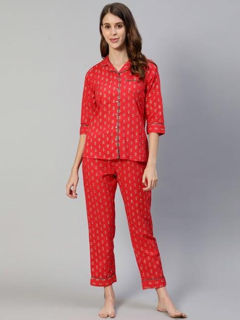 ishin red pure cotton printed shirt pyjama set