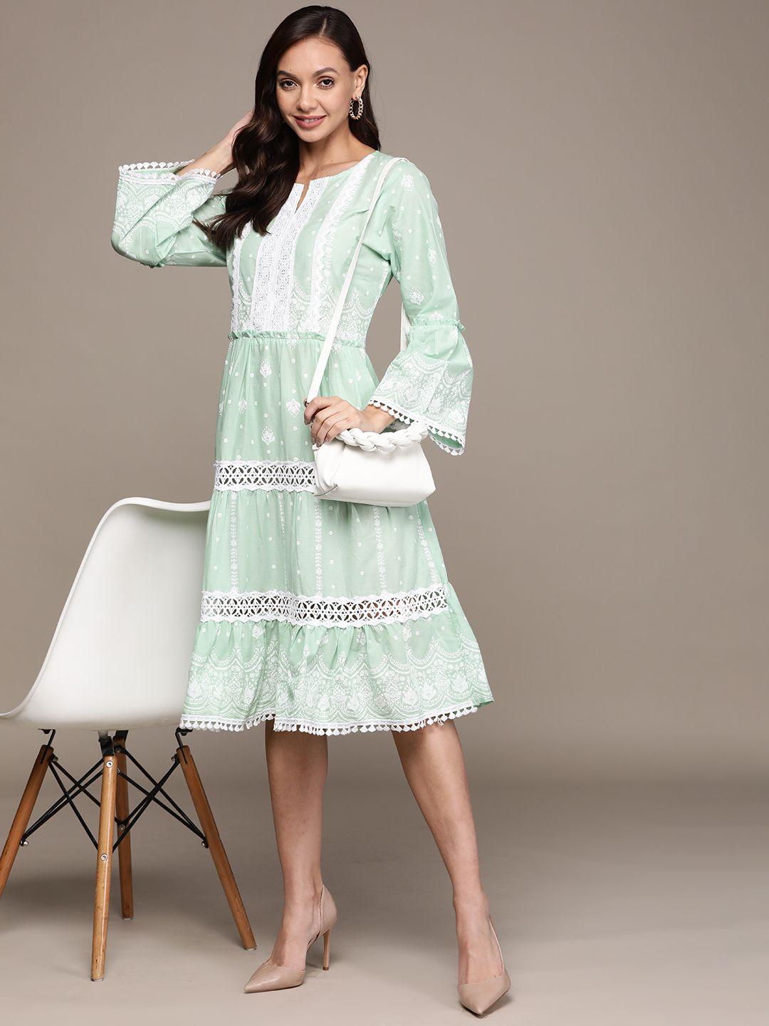 ishin sea green & white floral embroidered a-line dress
