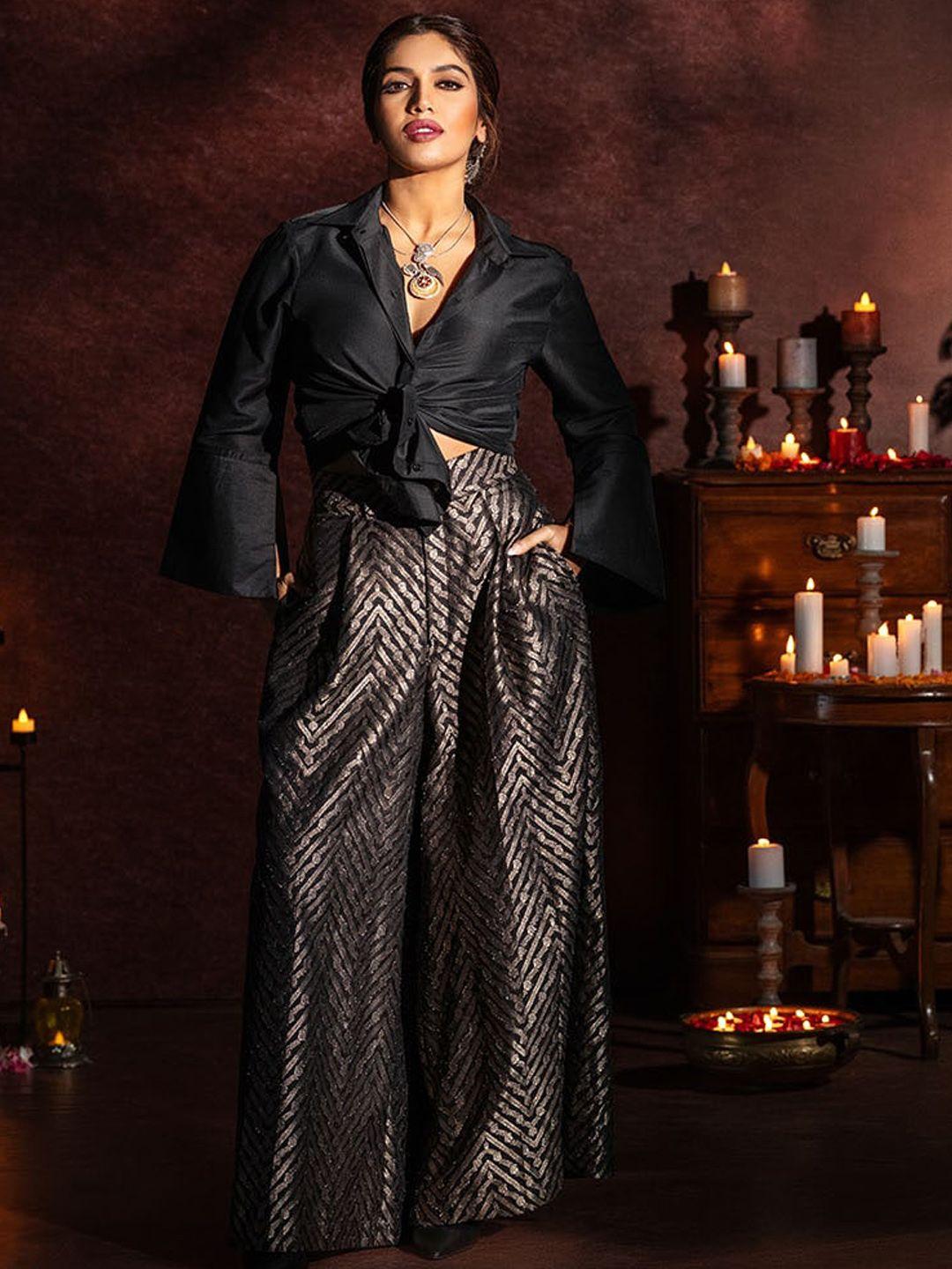 ishin shirt collar shirt with embellished flared trousers