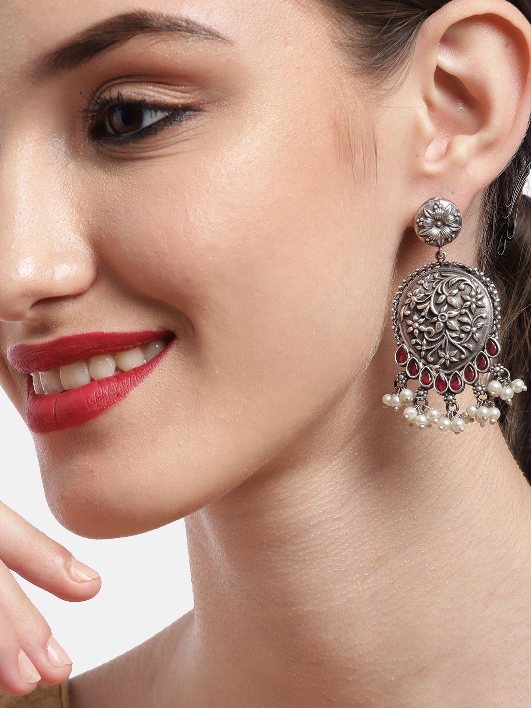 ishin silver-plated & maroon floral oxidised drop earrings