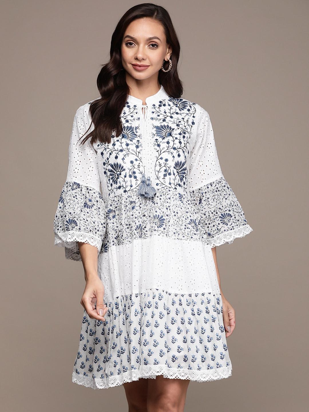 ishin white & navy blue floral embroidered tie-up neck a-line dress