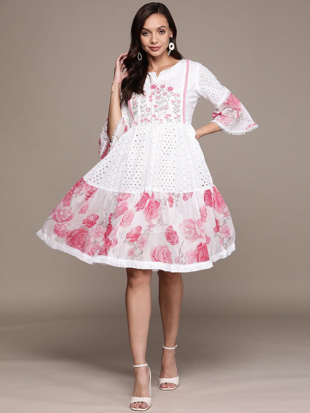 ishin white & pink floral embroidered a-line dress