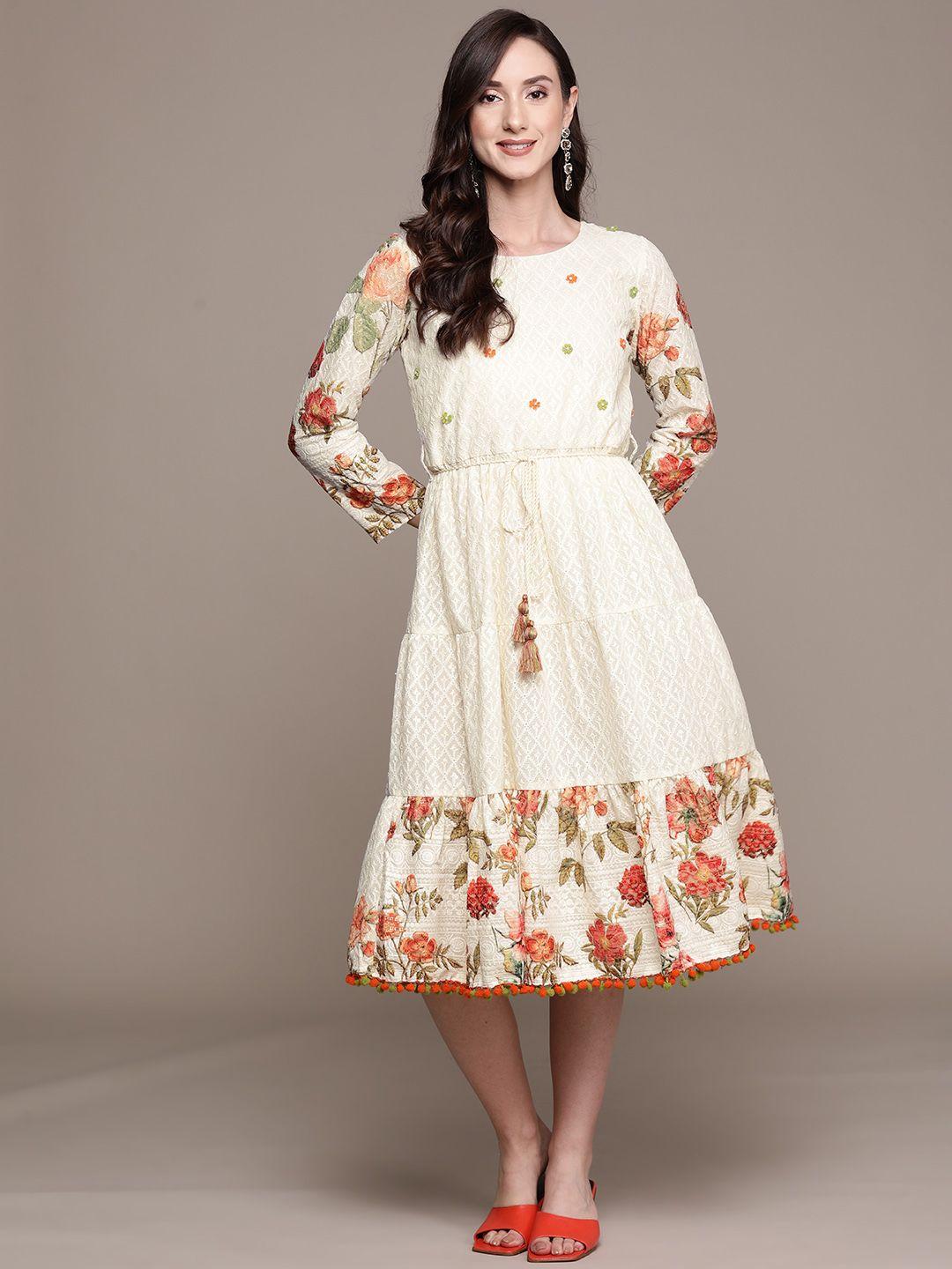 ishin white & red floral embroidered cotton a-line midi dress