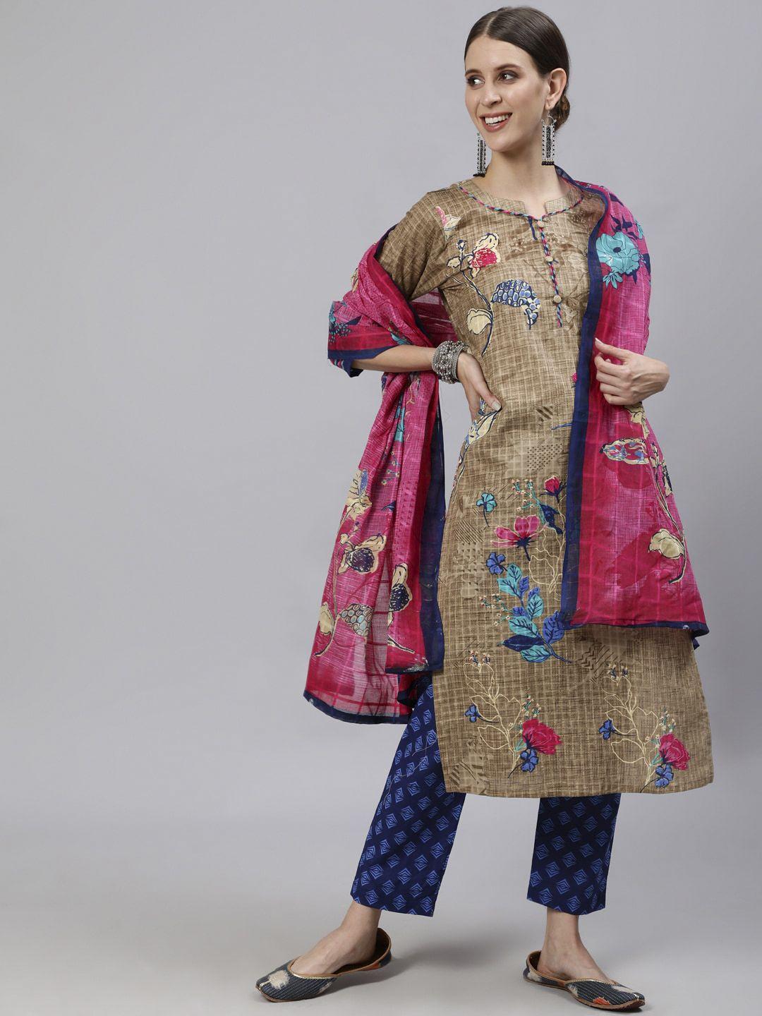ishin women beige ethnic motifs printed empire pure cotton kurta with trousers & dupatta