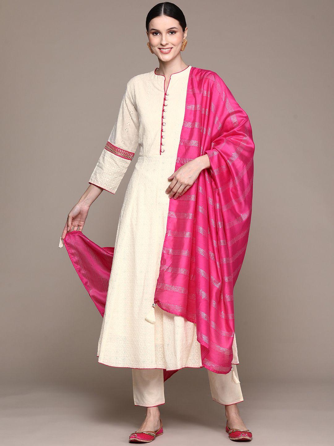 ishin women beige floral thread work pure cotton kurta with trousers & with dupatta