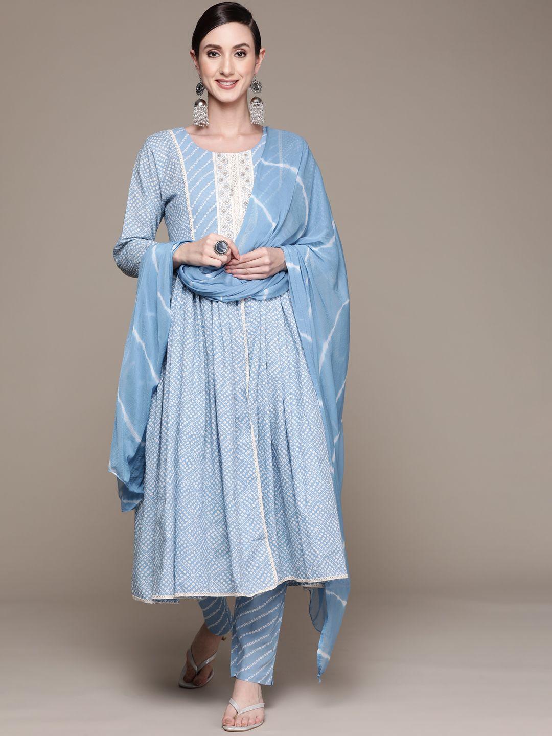 ishin women blue bandhani printed pleated kurta with trousers & with dupatta