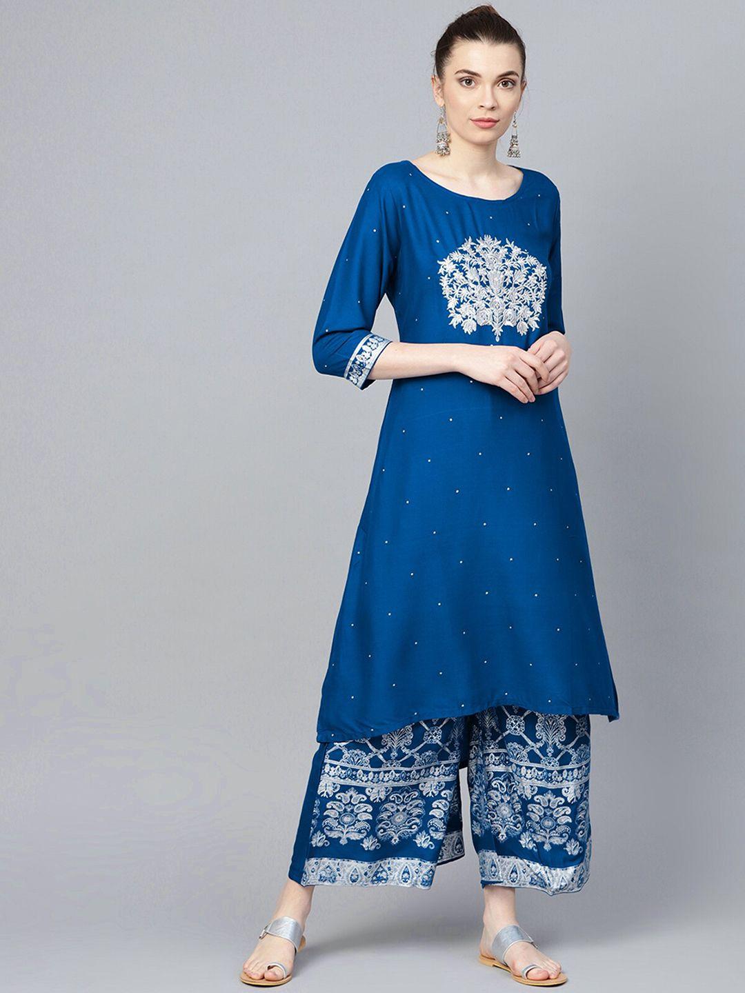 ishin women blue ethnic motifs embroidered kurta with trousers