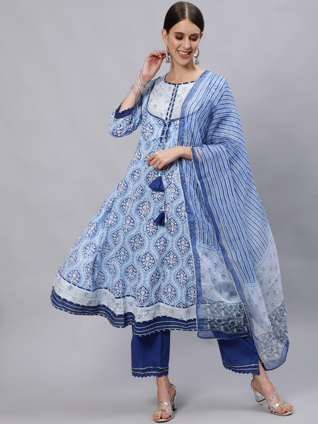 ishin women blue ethnic motifs printed regular kurta with trousers & with dupatta