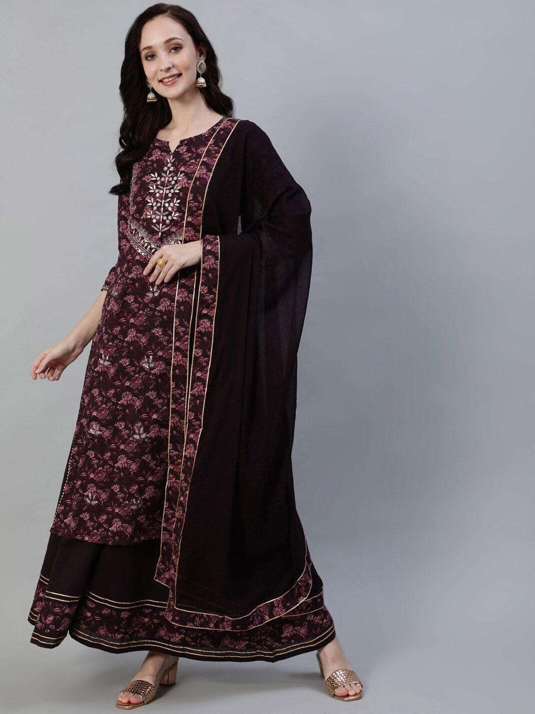 ishin women burgundy ethnic motifs embroidered pure cotton kurta with sharara & dupatta