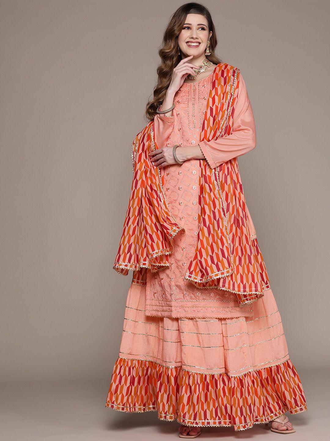 ishin women ethnic motifs embroidered sequinned kurta with skirt & with dupatta