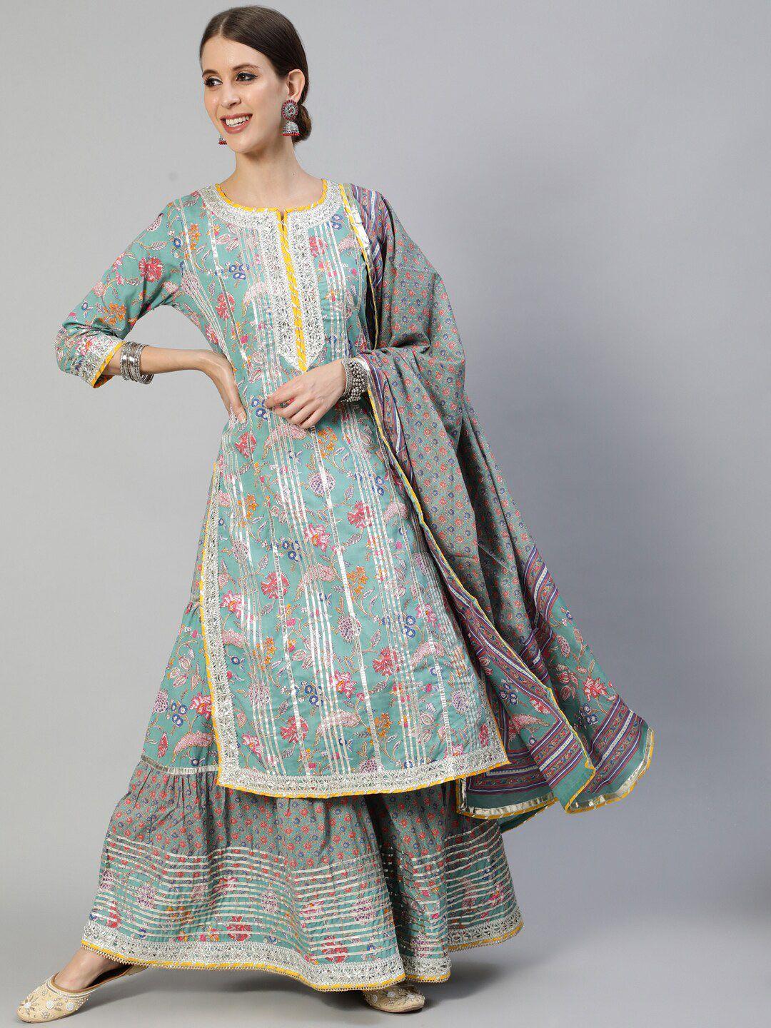 ishin women floral embroidered gotta patti pure cotton kurta with sharara & dupatta
