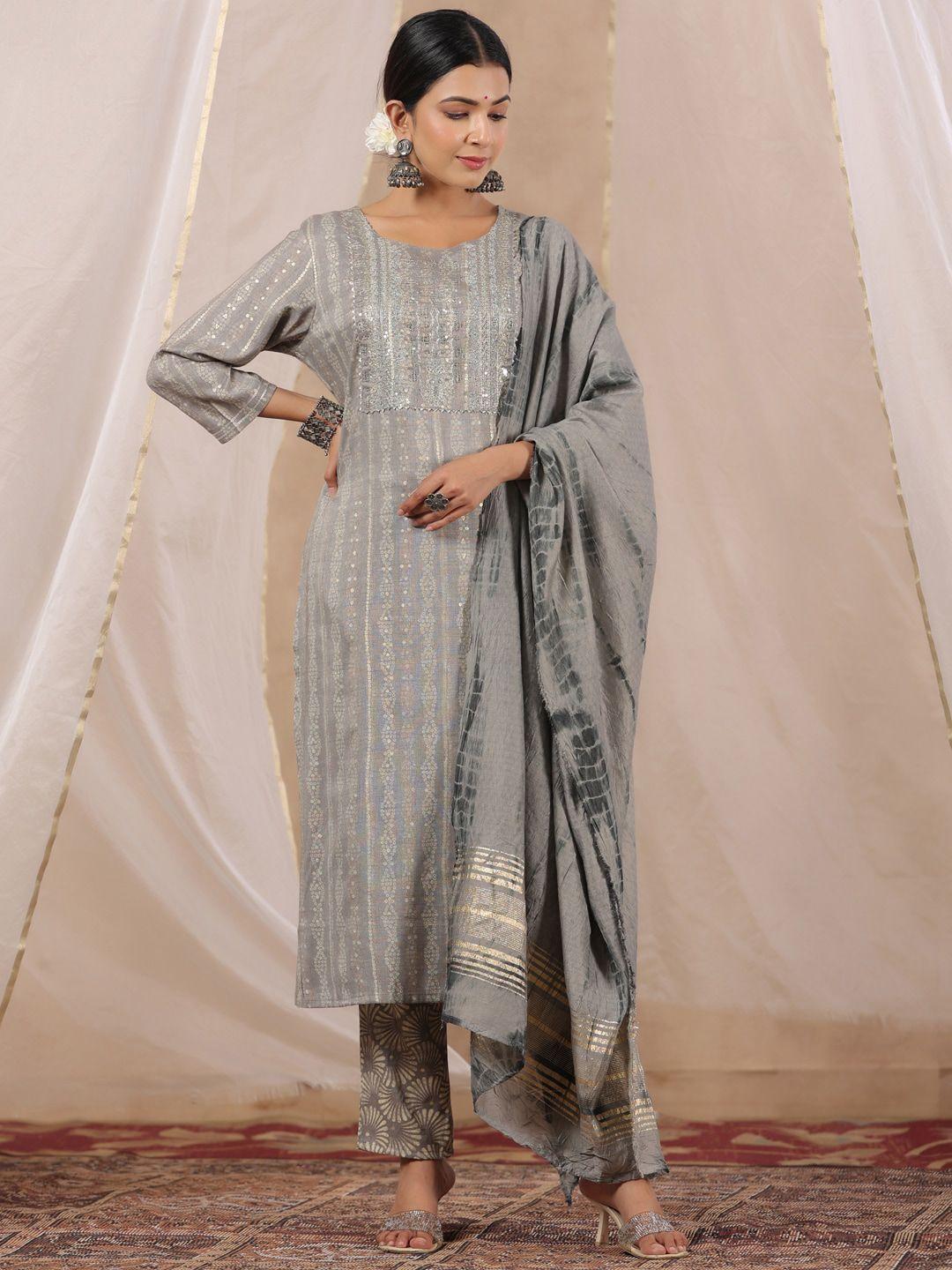 ishin women grey ethnic motifs yoke design regular sequinned kurta with trousers & with dupatta