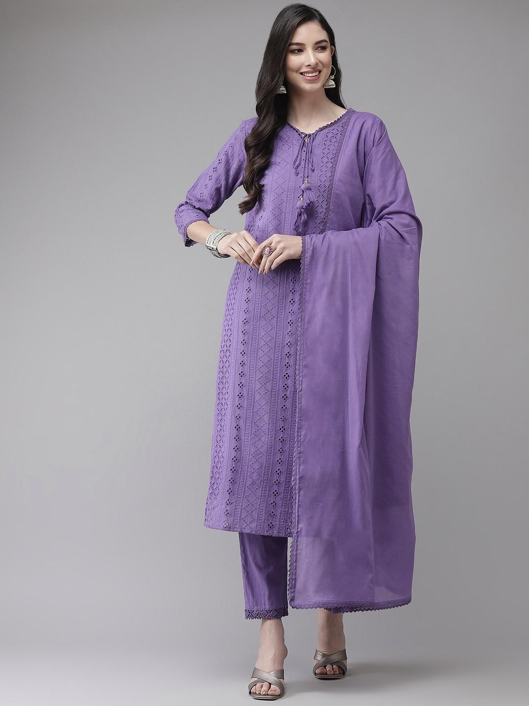ishin women lavender regular pure cotton kurta with trousers & with dupatta