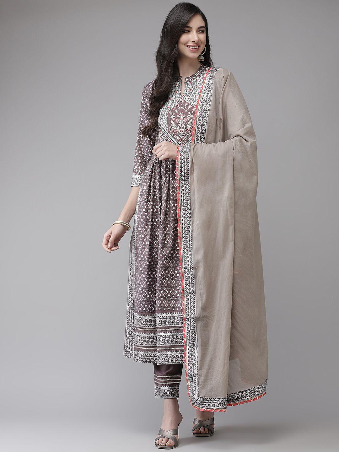 ishin women mauve floral embroidered empire mirror work kurta with trousers & with dupatta