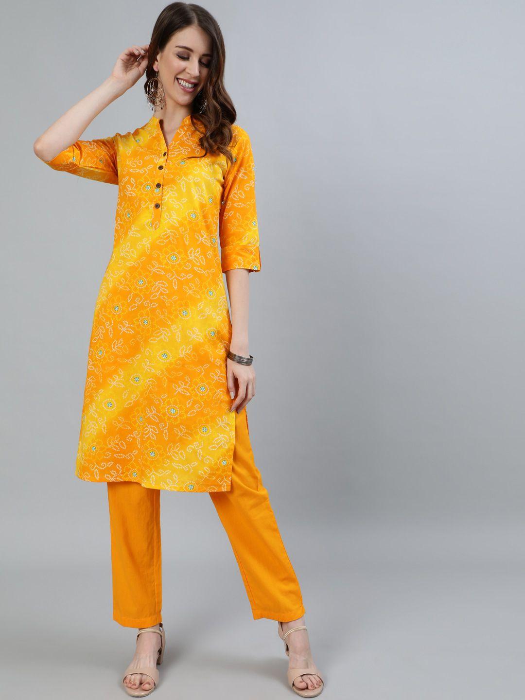 ishin women mustard ethnic motifs printed pure cotton kurta with trousers