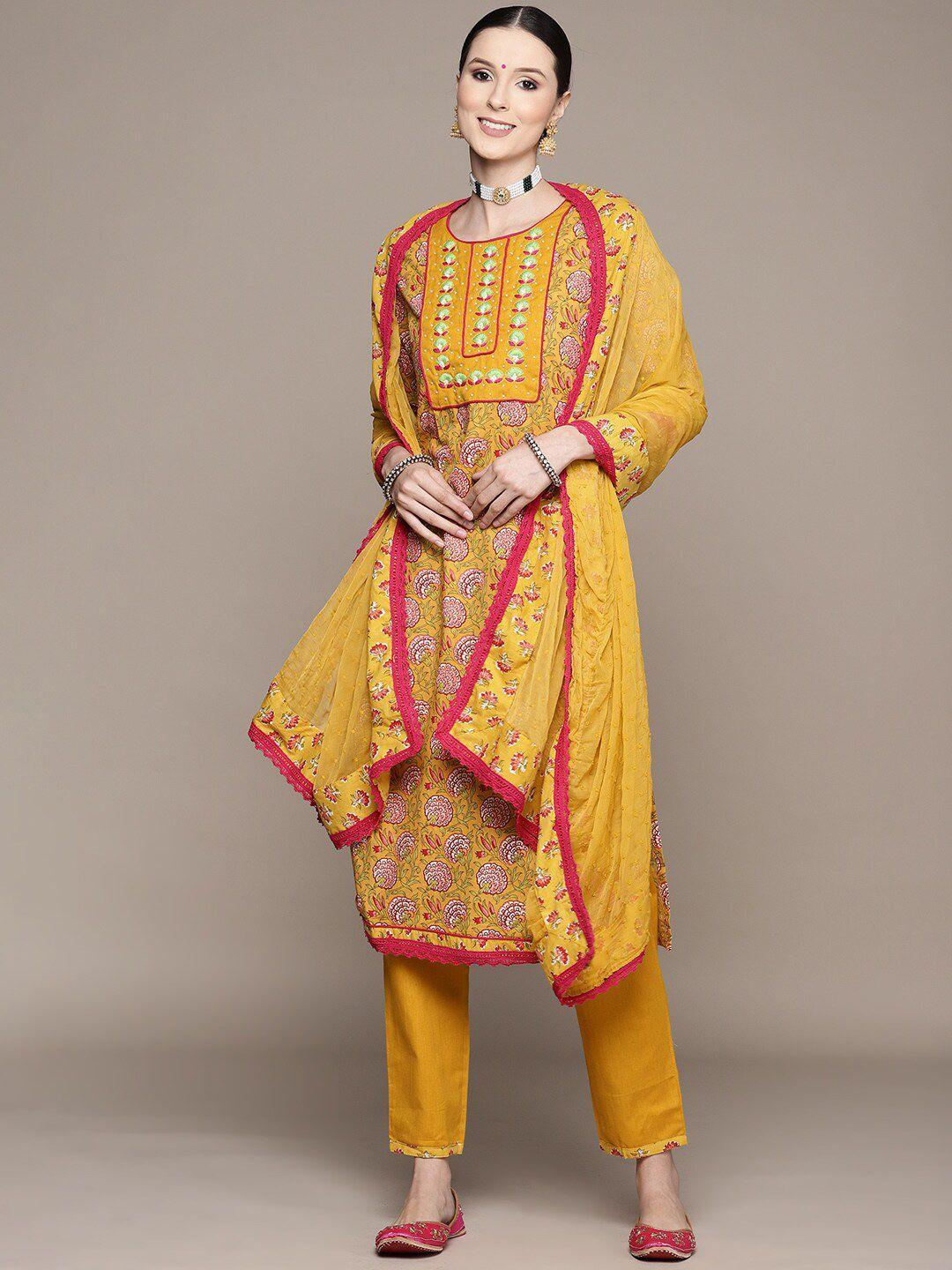 ishin women mustard floral printed pure cotton kurta with trousers & dupatta