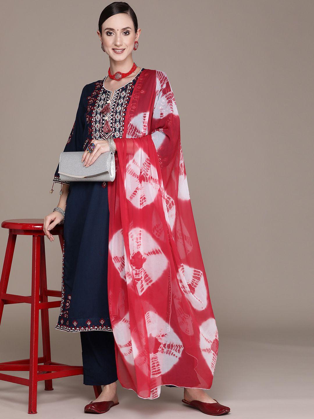 ishin women navy blue ethnic motifs embroidered thread work pure cotton kurta with trousers & with dupatta