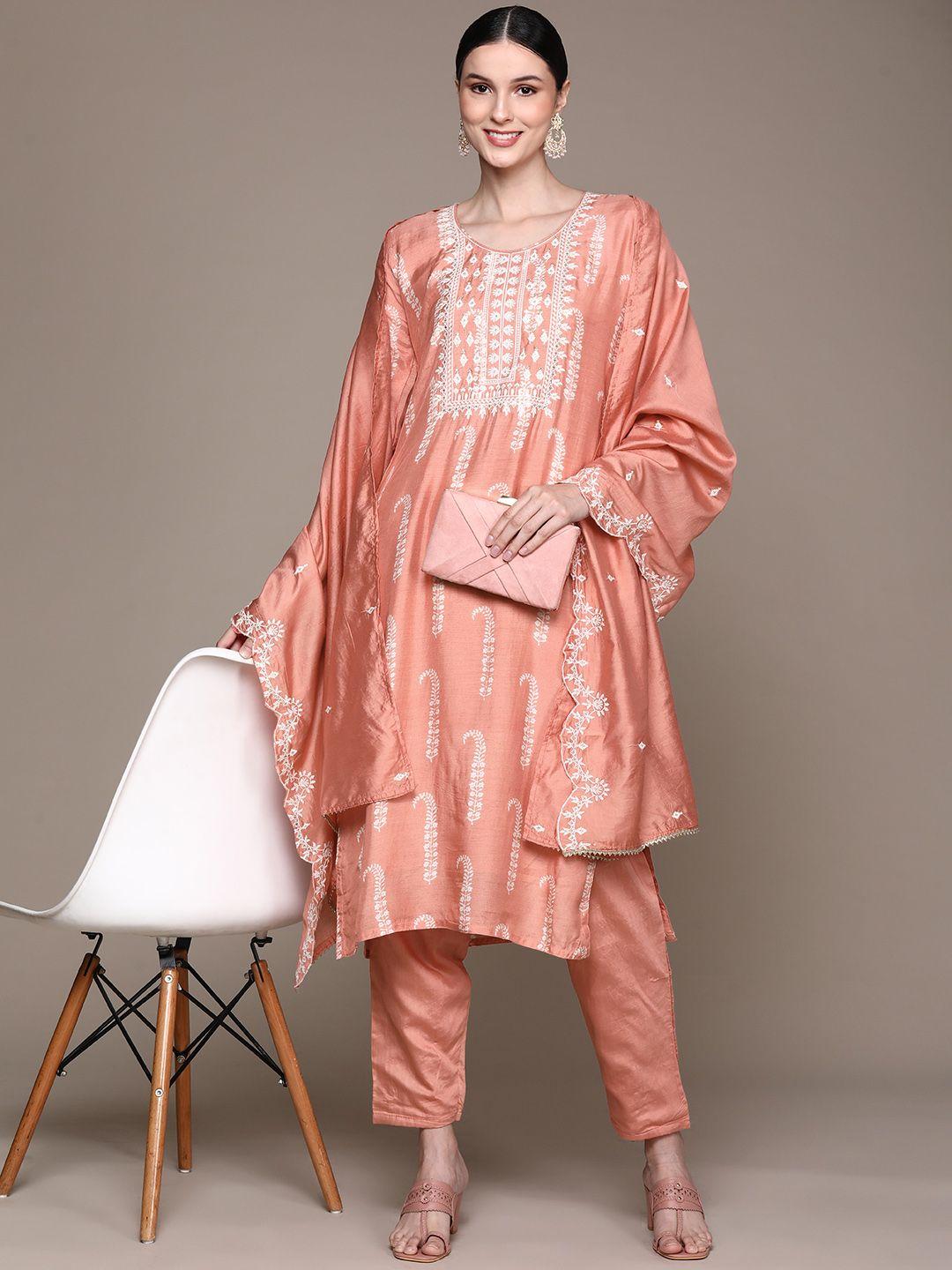 ishin women peach-coloured floral sequinned kurta with trousers & with dupatta