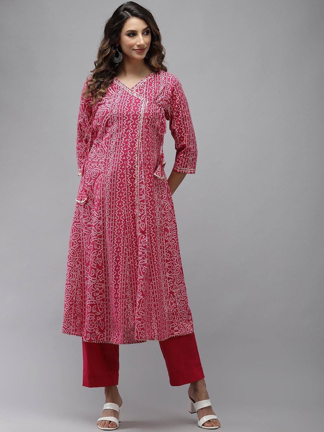 ishin women pink bandhani printed angrakha gotta patti pure cotton kurta with trousers