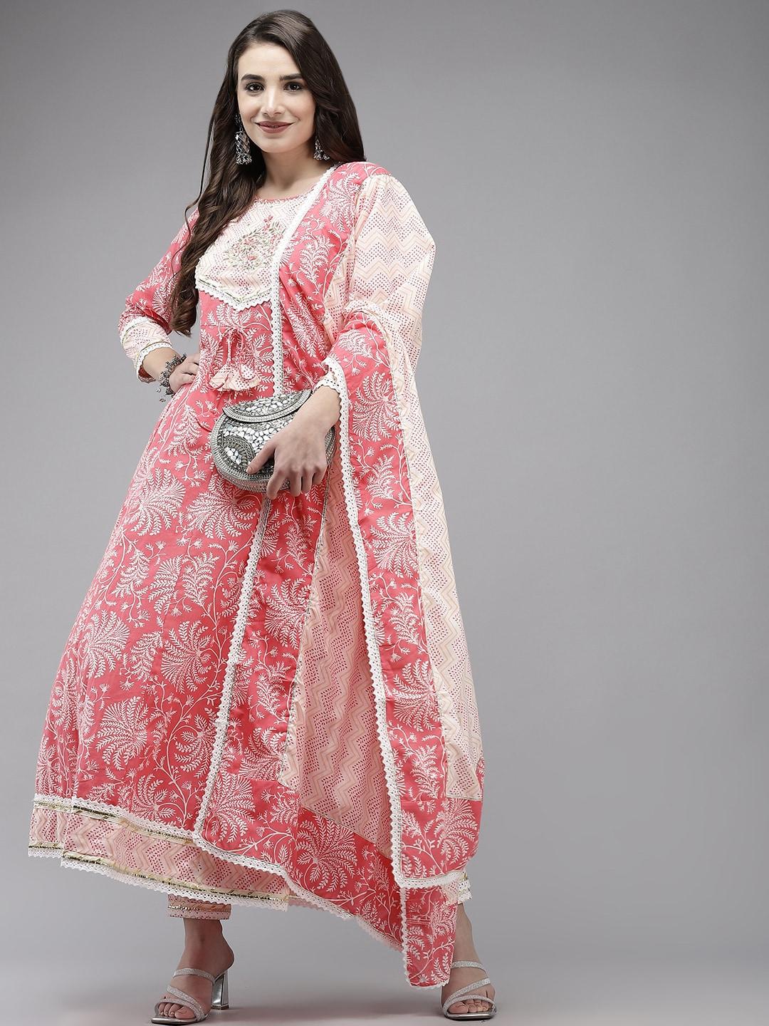 ishin women pink ethnic motifs printed beads and stones kurta with trousers & dupatta