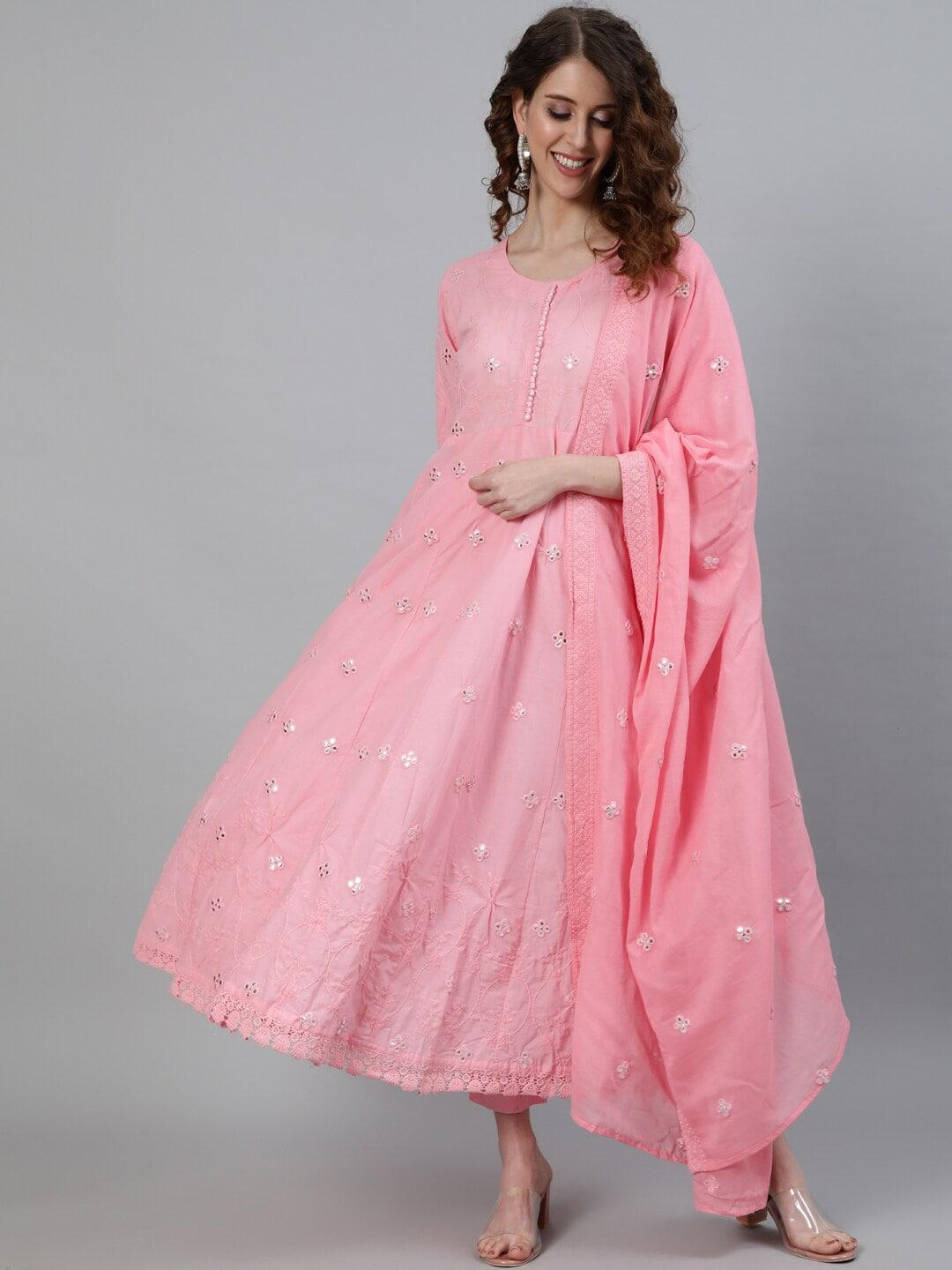 ishin women pink floral embroidered empire pure cotton kurta with trousers & with dupatta