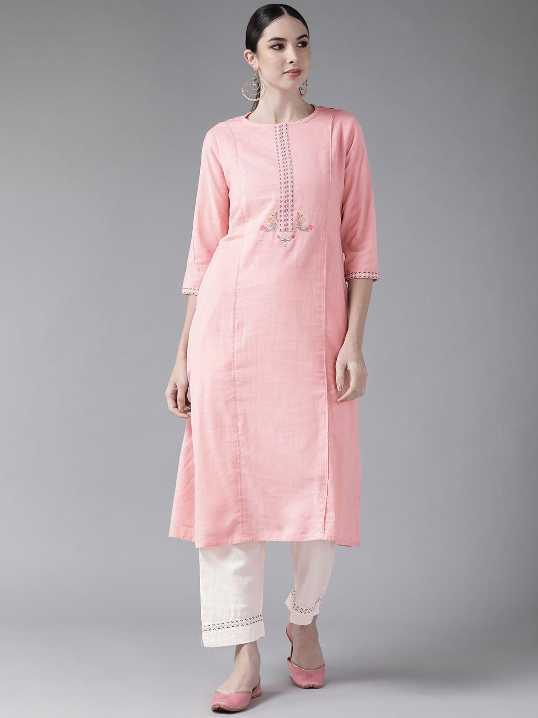 ishin women pink floral embroidered thread work kurta with trousers