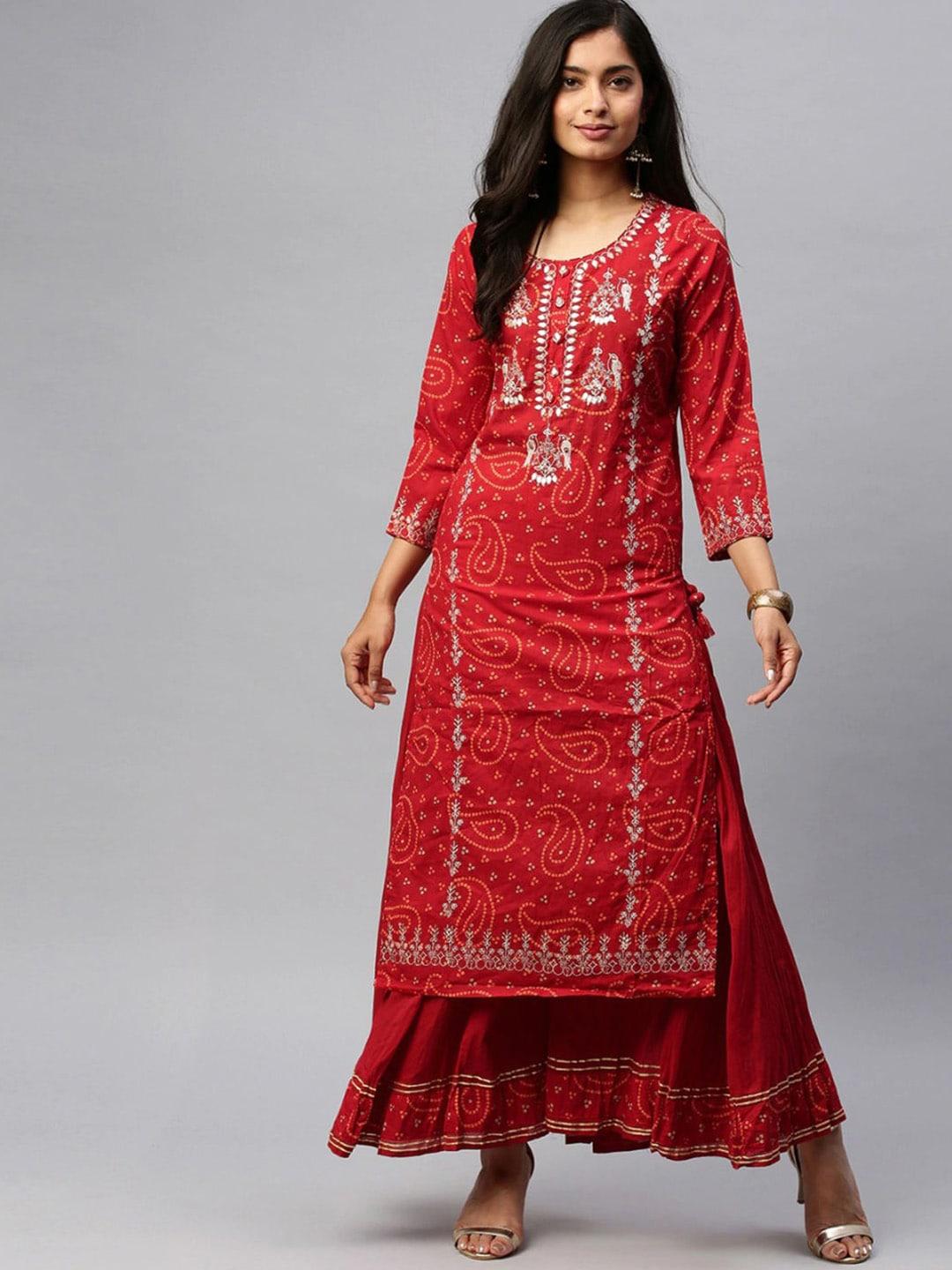 ishin women red ethnic motifs embroidered flared sleeves thread work anarkali kurta