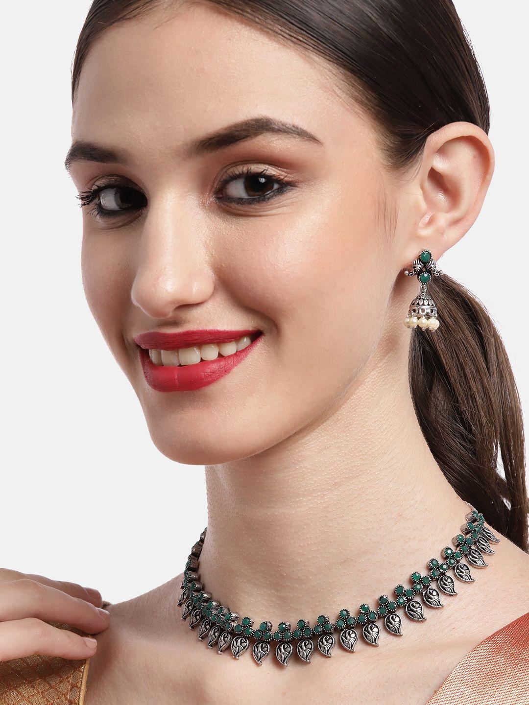 ishin women silver-plated green stone studded oxidised jewellery set