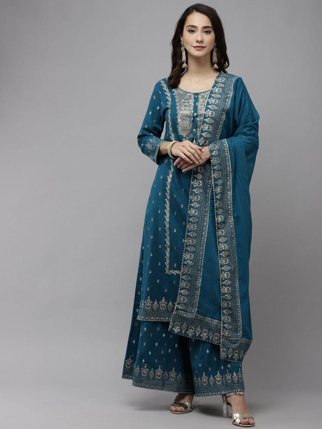 ishin women teal embroidered regular sequinned pure cotton kurta with sharara & with dupatta