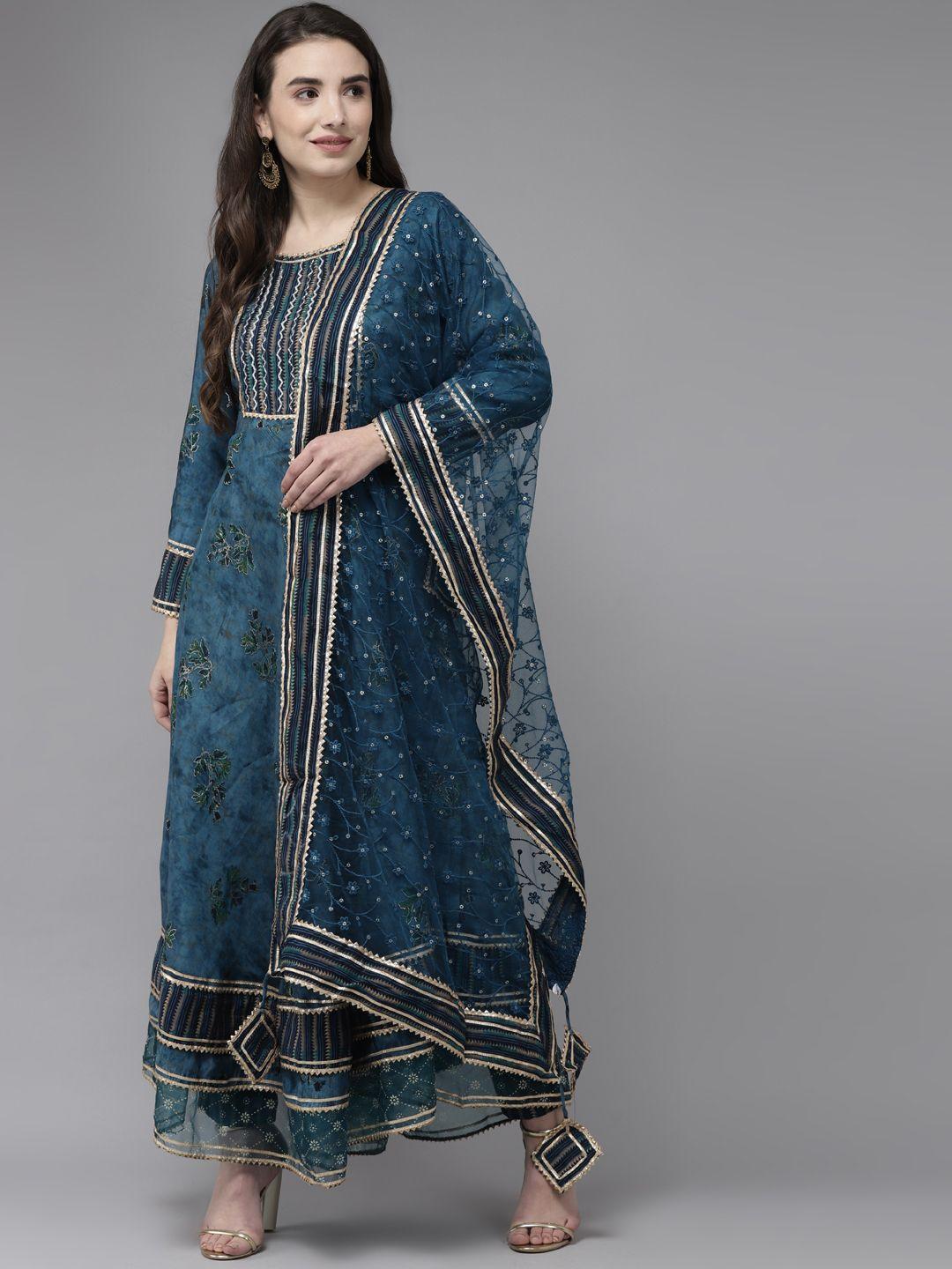 ishin women teal floral embroidered empire beads and stones kurta with trousers & with dupatta