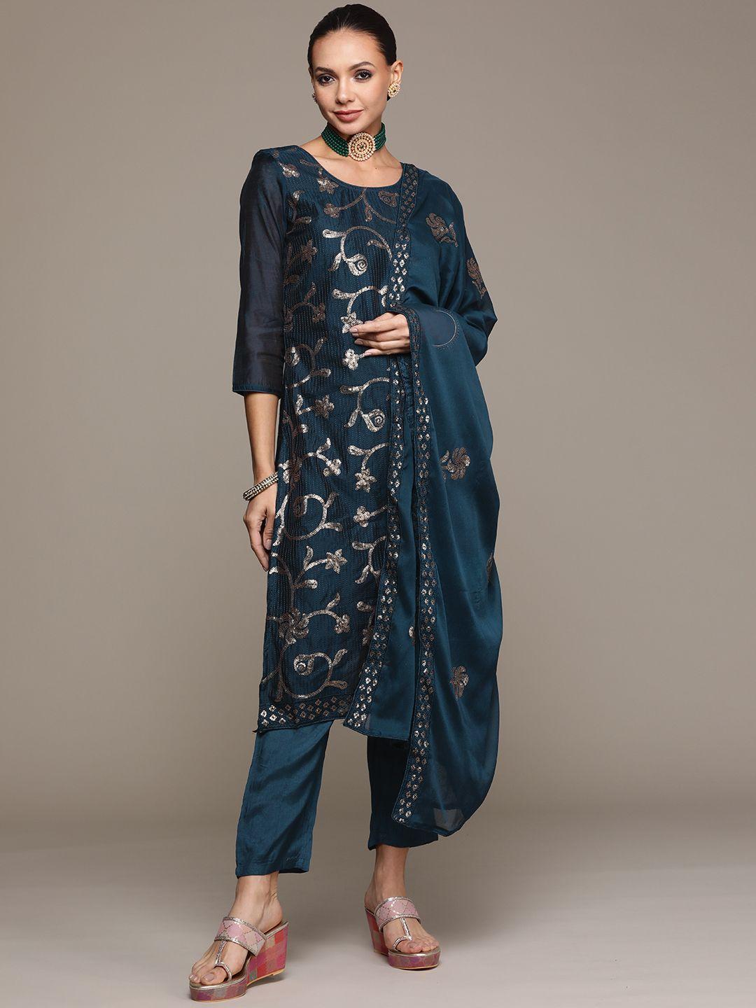 ishin women teal floral sequinned chanderi silk kurta with trousers & with dupatta