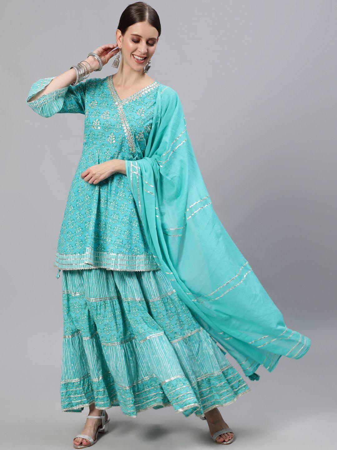 ishin women turquoise blue sequinned pure cotton kurti with sharara & dupatta