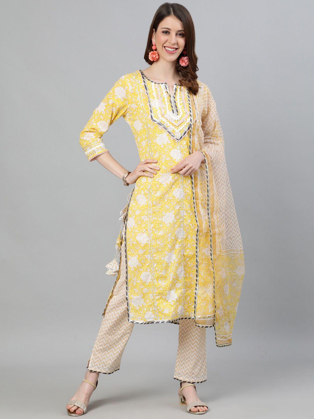 ishin women yellow & off-white printed kurta with trousers & dupatta