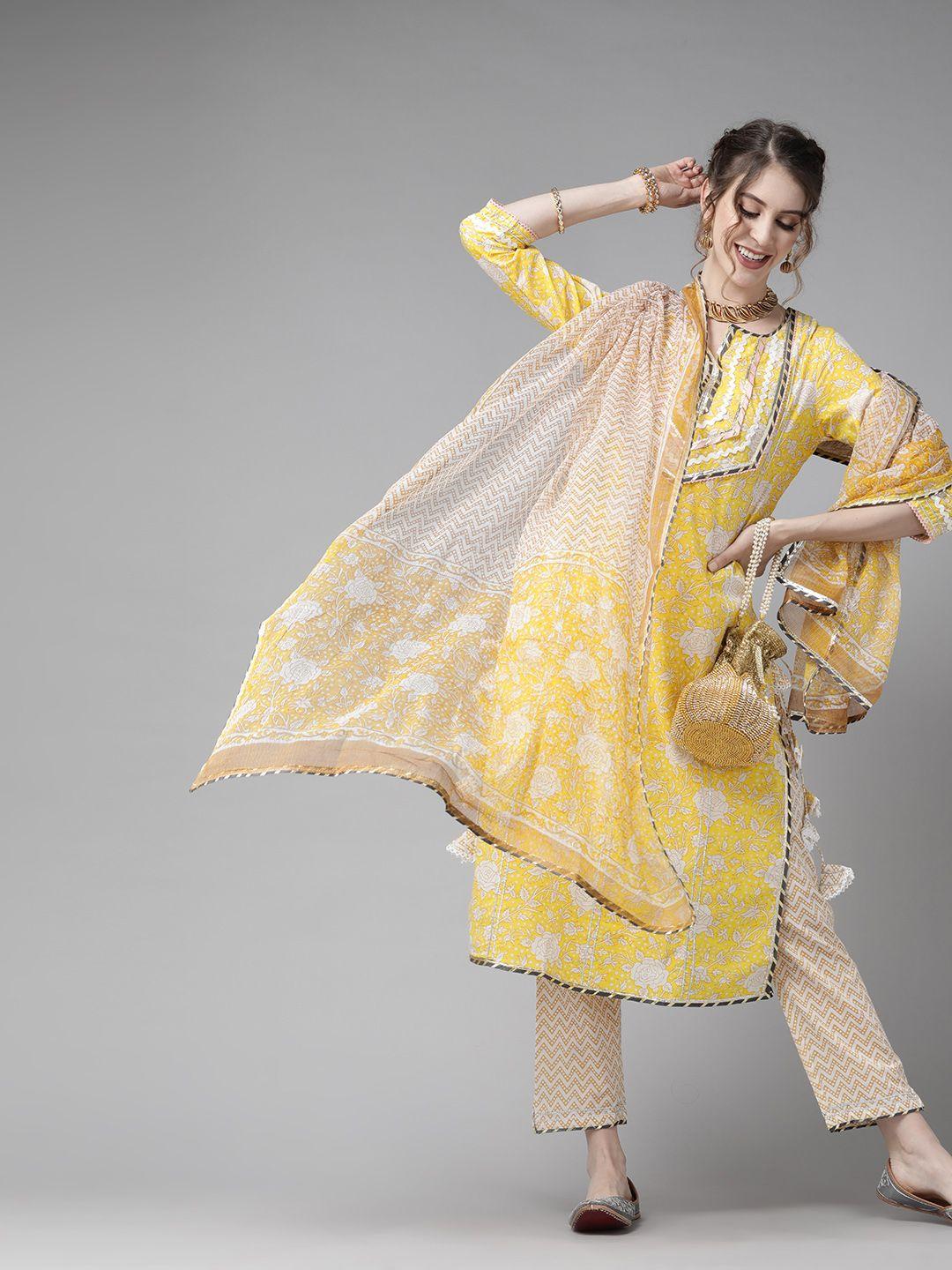 ishin women yellow & off-white pure cotton printed kurta with trousers & dupatta