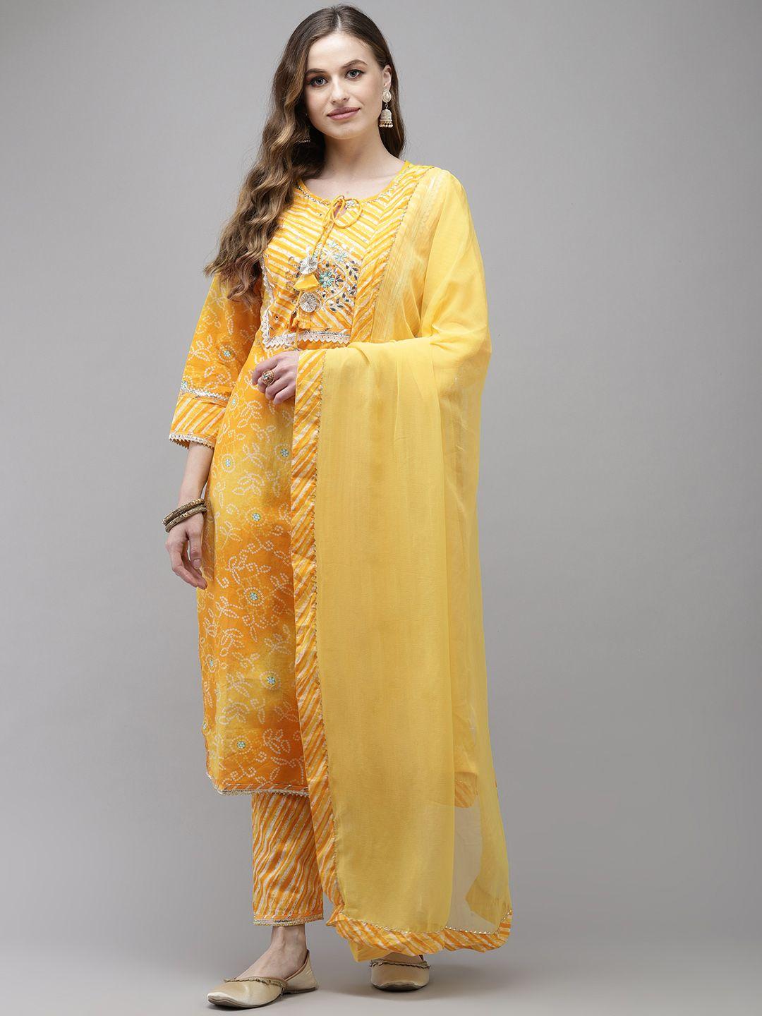 ishin women yellow bandhani printed regular pure cotton kurta with trousers & with dupatta