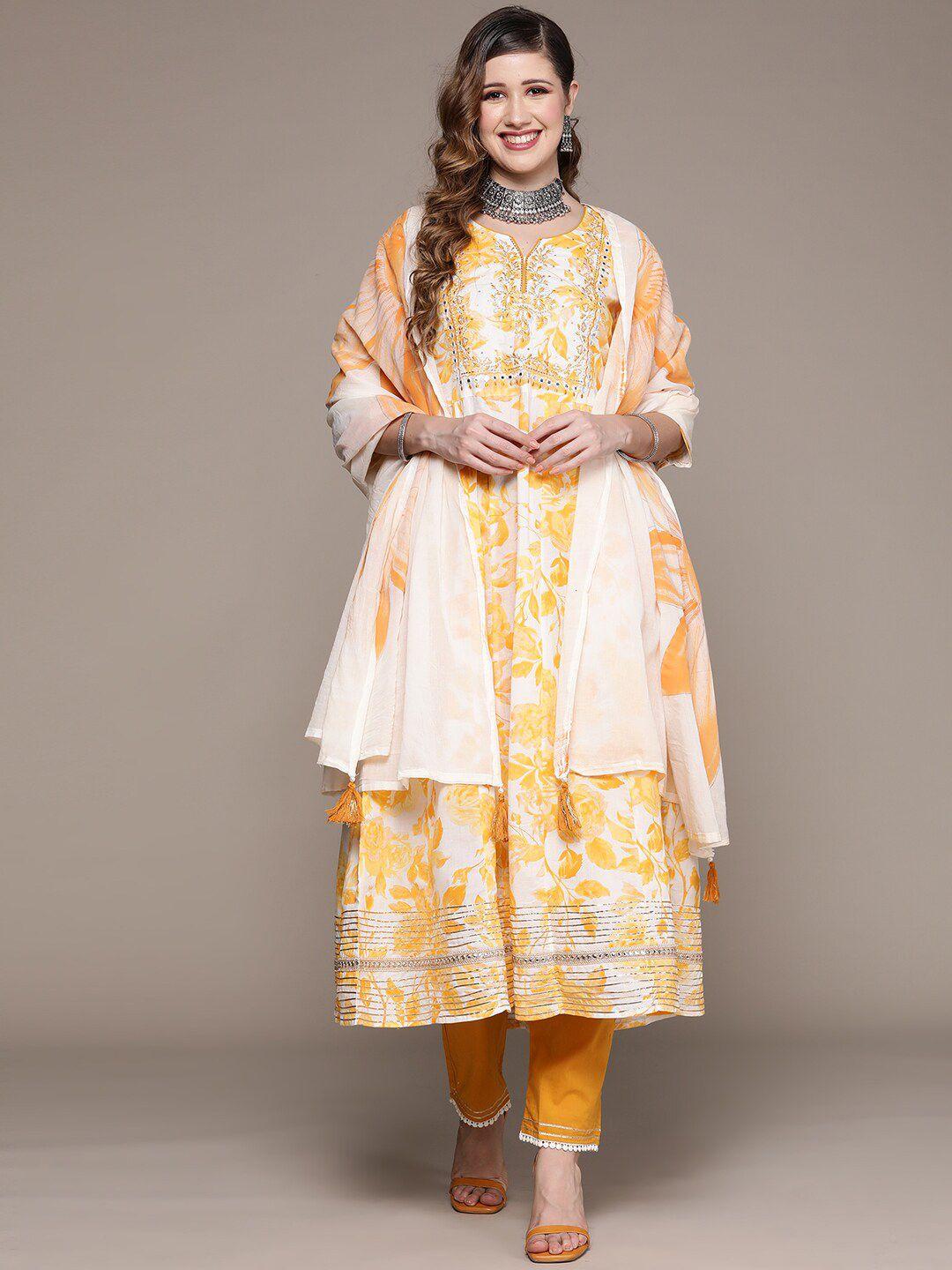 ishin women yellow floral printed empire thread work pure cotton kurta with trousers & with dupatta