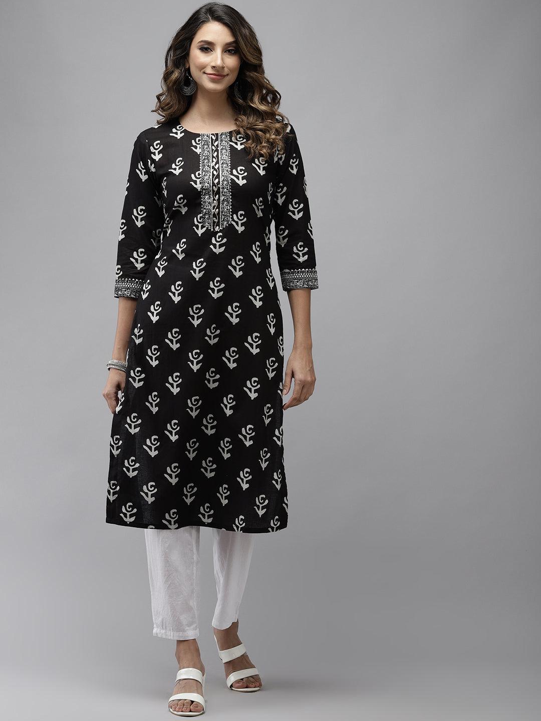 ishin-women's-cotton-blend-black-embroidered-a-line-kurta