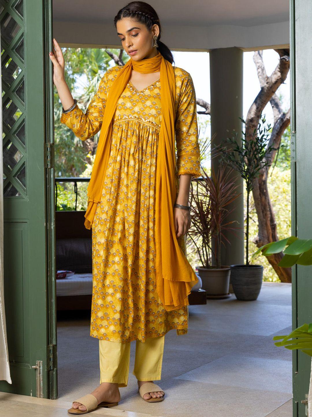 ishin yellow ethnic motifs printed empire pure cotton kurta with trousers & dupatta